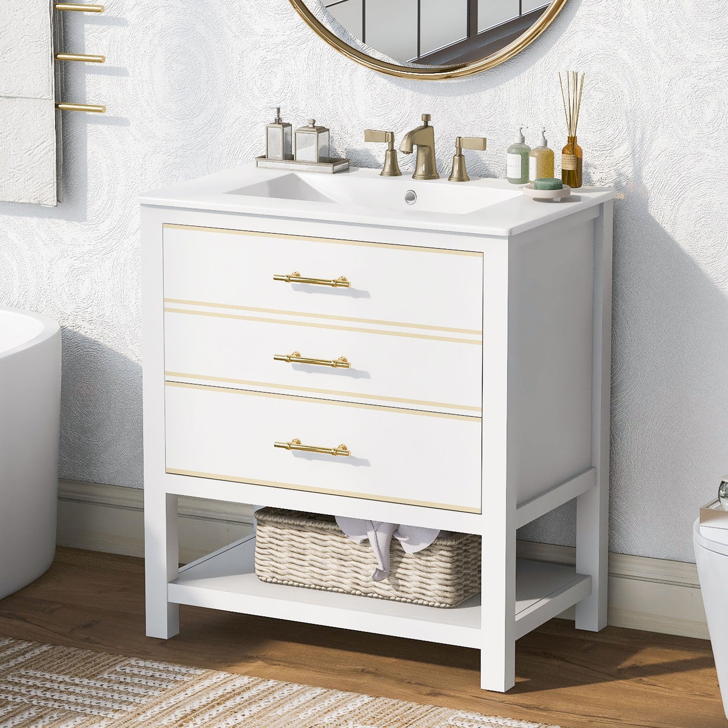 Modern Bathroom Vanity Cabinet, Combo With Open storage, Two Drawers