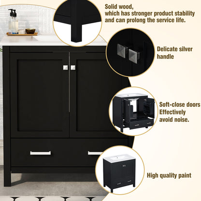 Bathroom Vanity With Single Sink, Combo Cabinet Undermount Sink, Bathroom Storage Cabinet With Two Doors And A Drawer, Soft Closing, Multifunctional Storage, Solid Wood Frame