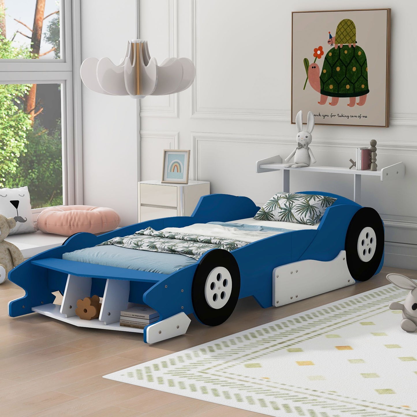 Twin Size Race Car-Shaped Platform Bed With Wheels