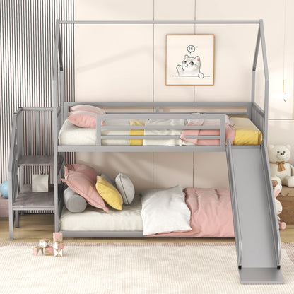 Twin Over Twin Metal Bunk Bed House Bed With Slide And Staircase