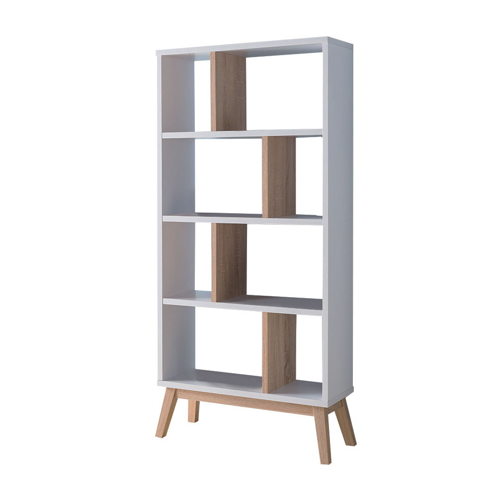 Two Tone Bookcase Display Cabinet Flared Legs Open Back Four Shelves Dividers - Weathered White