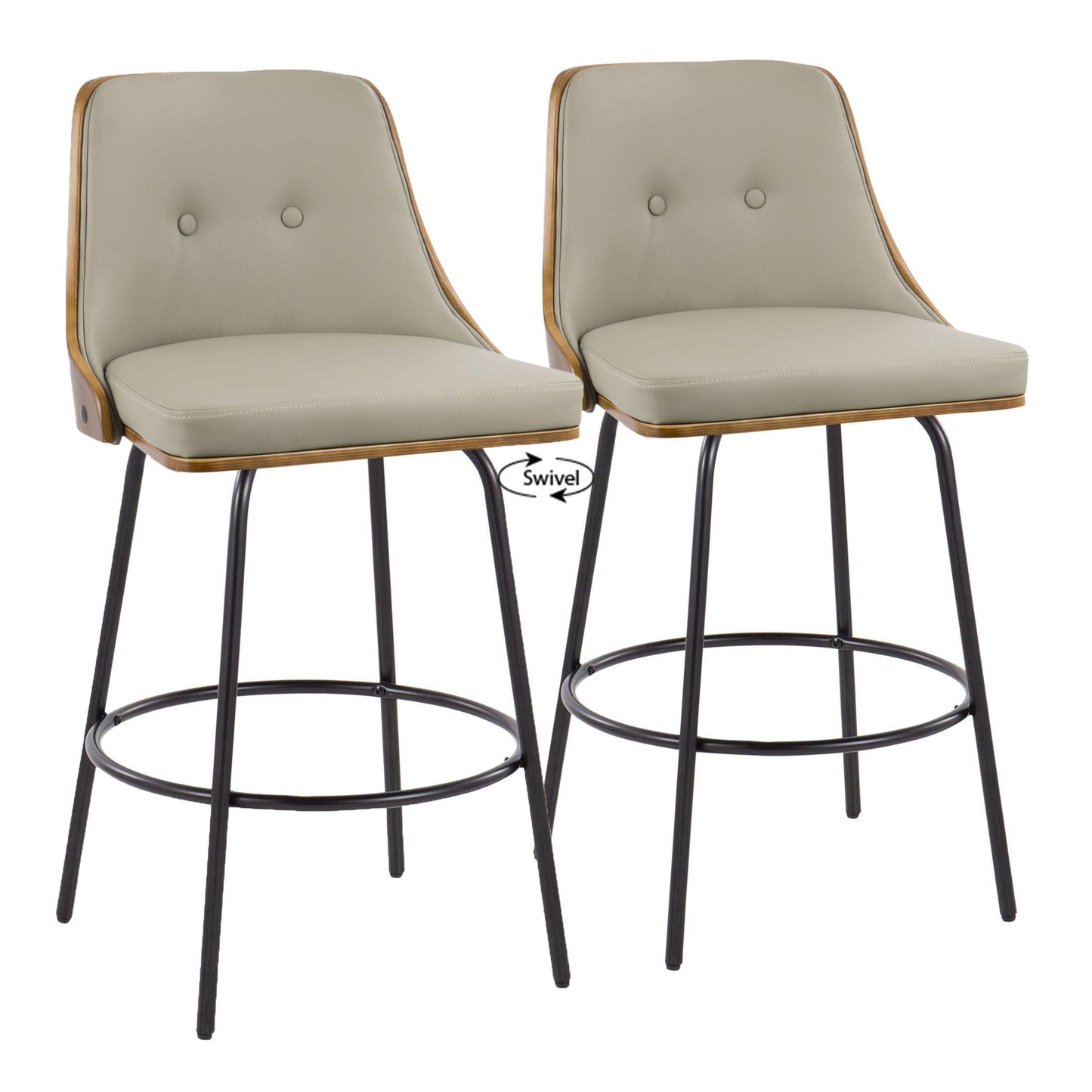 Gianna - Mid-Century Modern Fixed Height Counter Stool With Swivel With Round Footrest (Set of 2) - Black / Walnut / Light Gray