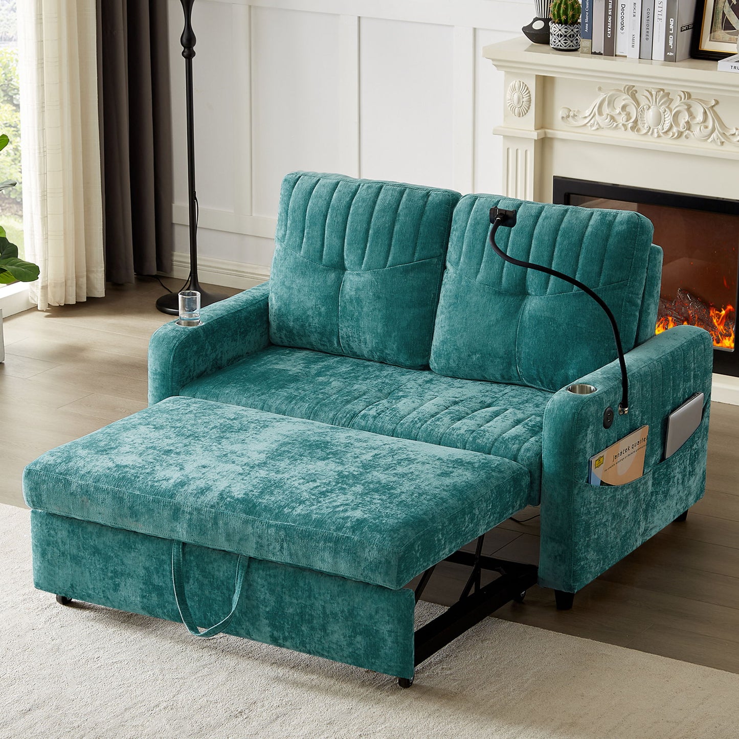 Modern Loveseat Pull Out Sofa Bed With Adjustable Backrest, Two Cup Holders, A Phone Holder, Three Charging Ports And Side Storage Pockets For Living Room