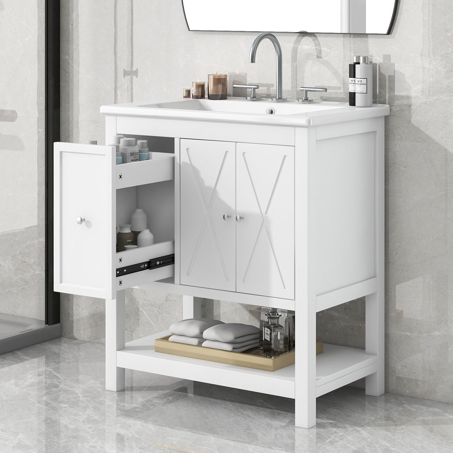 Bathroom Vanity With Sink Top, Bathroom Vanity Cabinet With Two Doors And One Drawer, MDF Boards, Solid Wood, One Package - White