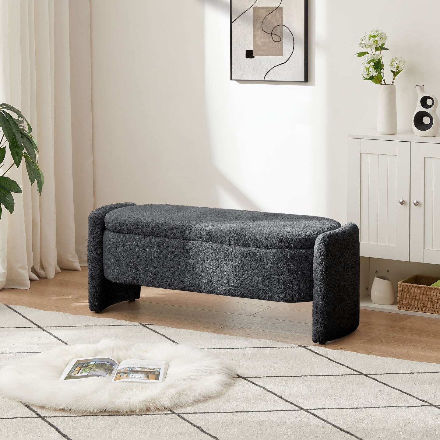 Ottoman Oval Storage Bench, 3D Lamb Fleece Bench With Large Storage Space For The Living Room, Entryway And Bedroom