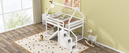 Twin Over Twin House Loft Or Bunk Bed With Slide And Staircase