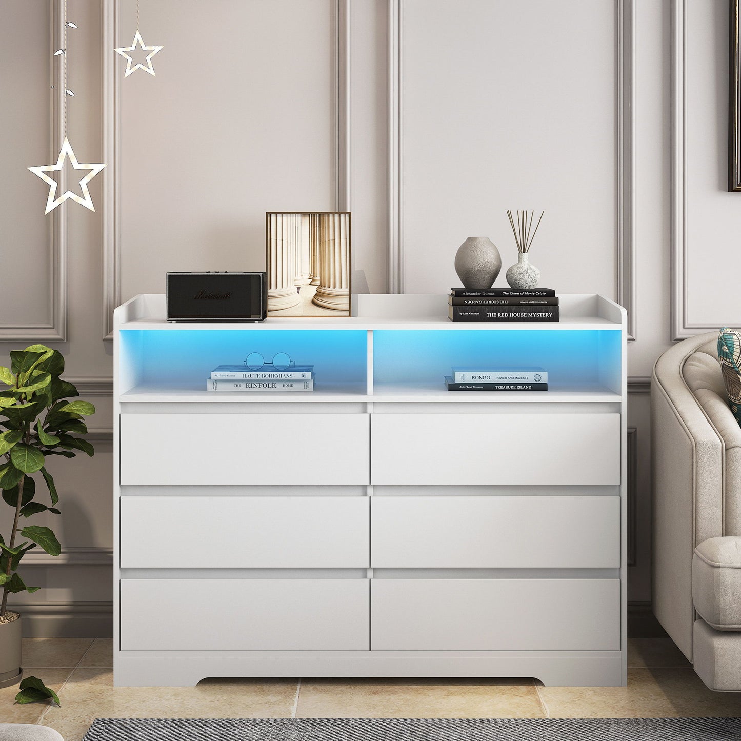 6 Drawer Dresser For Bedroom With LED Lights, Sturdy Frame - White