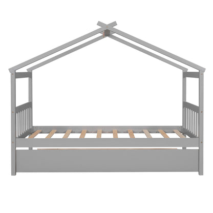 Wooden House Bed With Twin Size Trundle