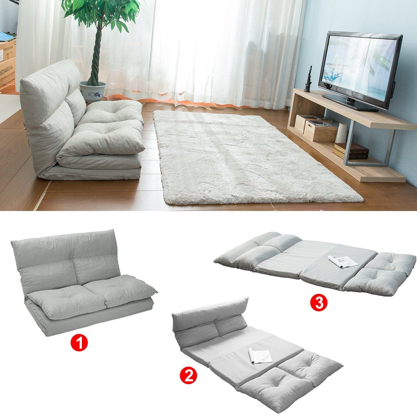 Fabric Folding Chaise Lounge Floor Sofa - Gray