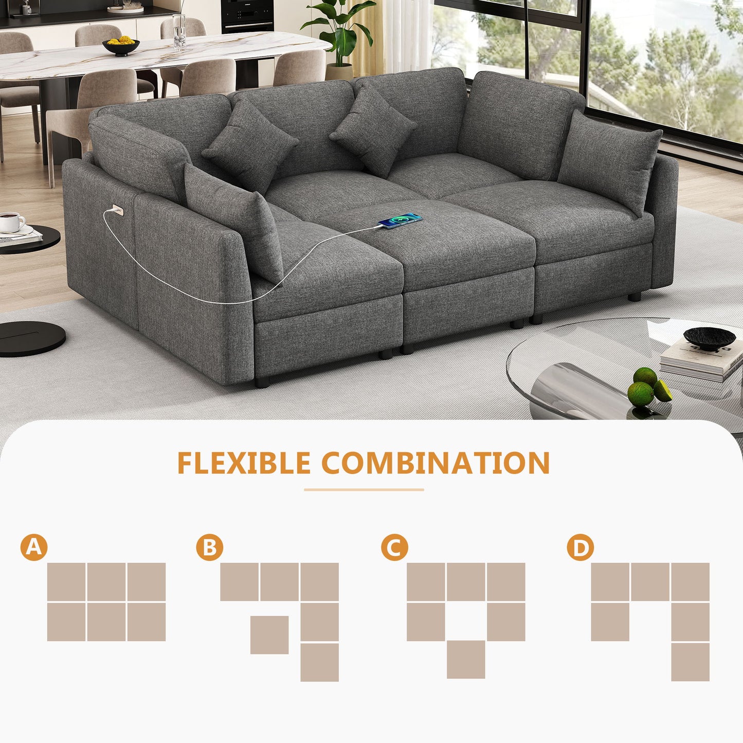 Sectional Sofa Modular Sofa U - Shaped Sofa Couch Sofa Bed L - Shaped Sofa With A Movable Ottoman And Two USB Ports For Living Room