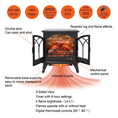 3D Flame Electric Infrared Quartz Fireplace Stove With Remote Control - Antique Black