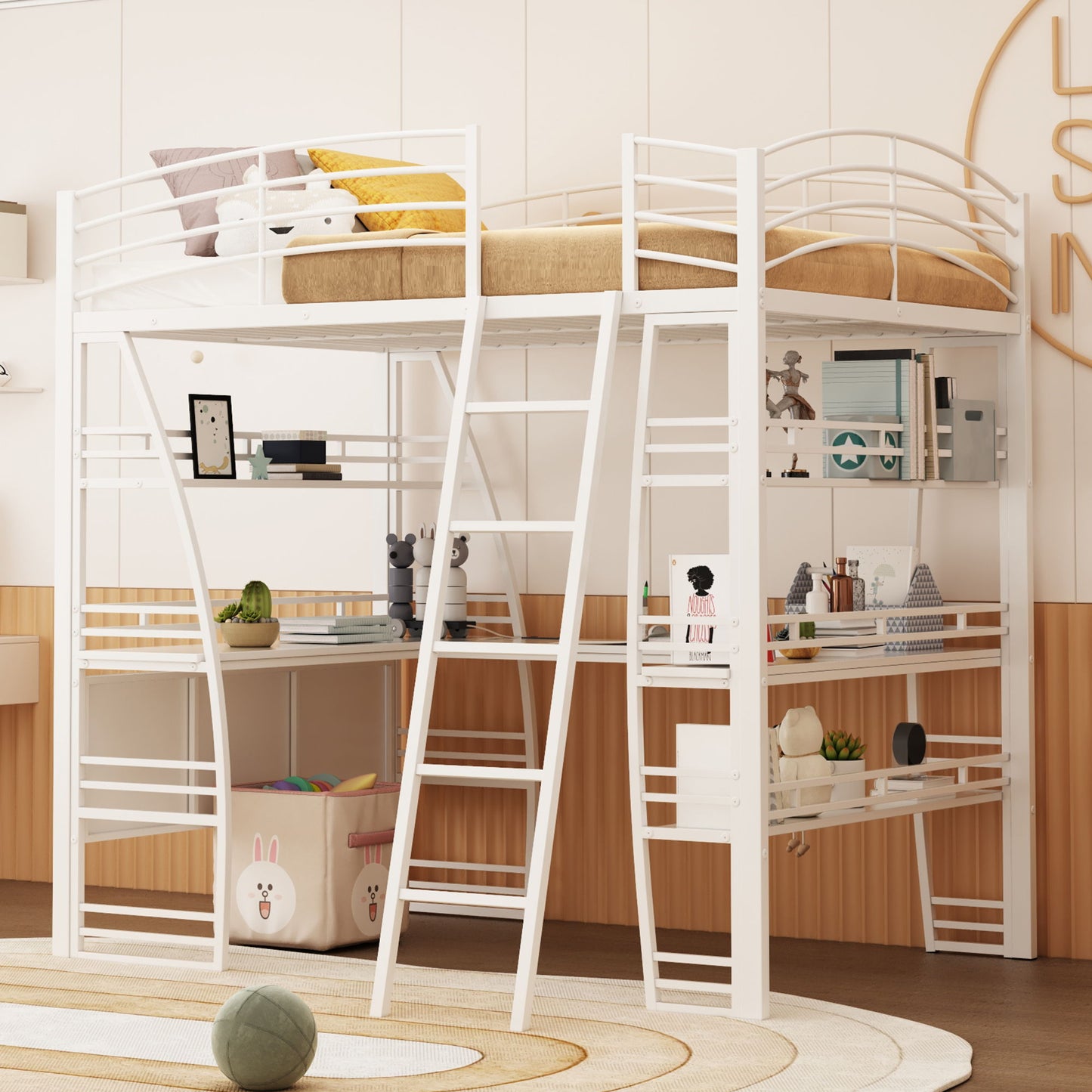 Loft Bed With 4 Layers Of Shelves And L-Shaped Desk, Stylish Metal Frame Bed With A Set Of Sockets, USB Ports And And Wireless Charging