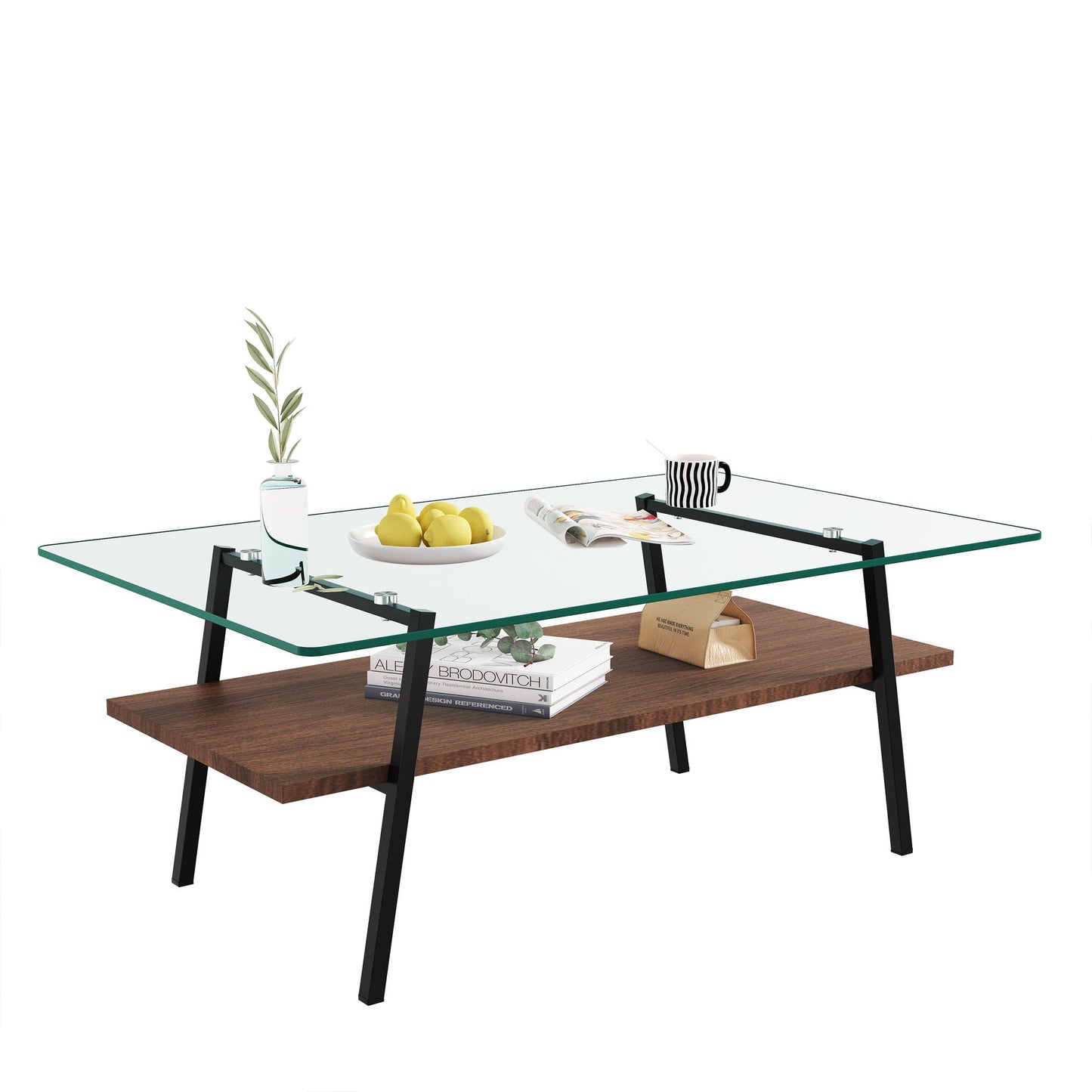 Rectangle Coffee Table, Tempered Glass Tabletop With Metal Legs, Modern Table For Living Room