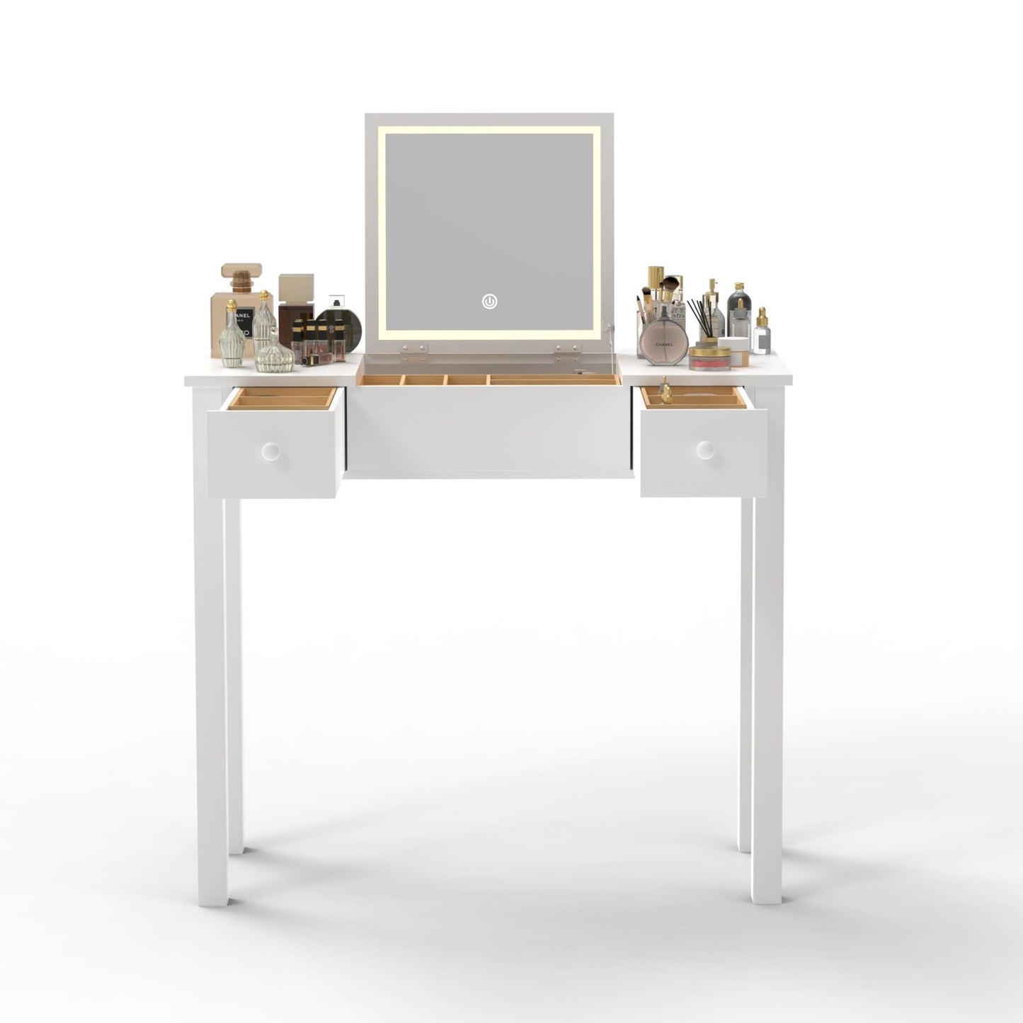 Vanity Table With LED Lights, Flip-Top Mirror And 2 Drawers, Jewelry Storage